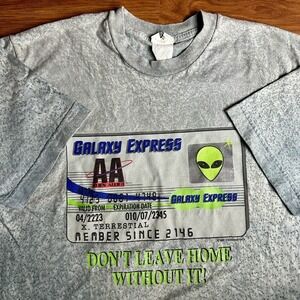 Vintage 1997 Alien Shirt Mens Medium Tall MT Gray Galaxy Express Credit Card ET